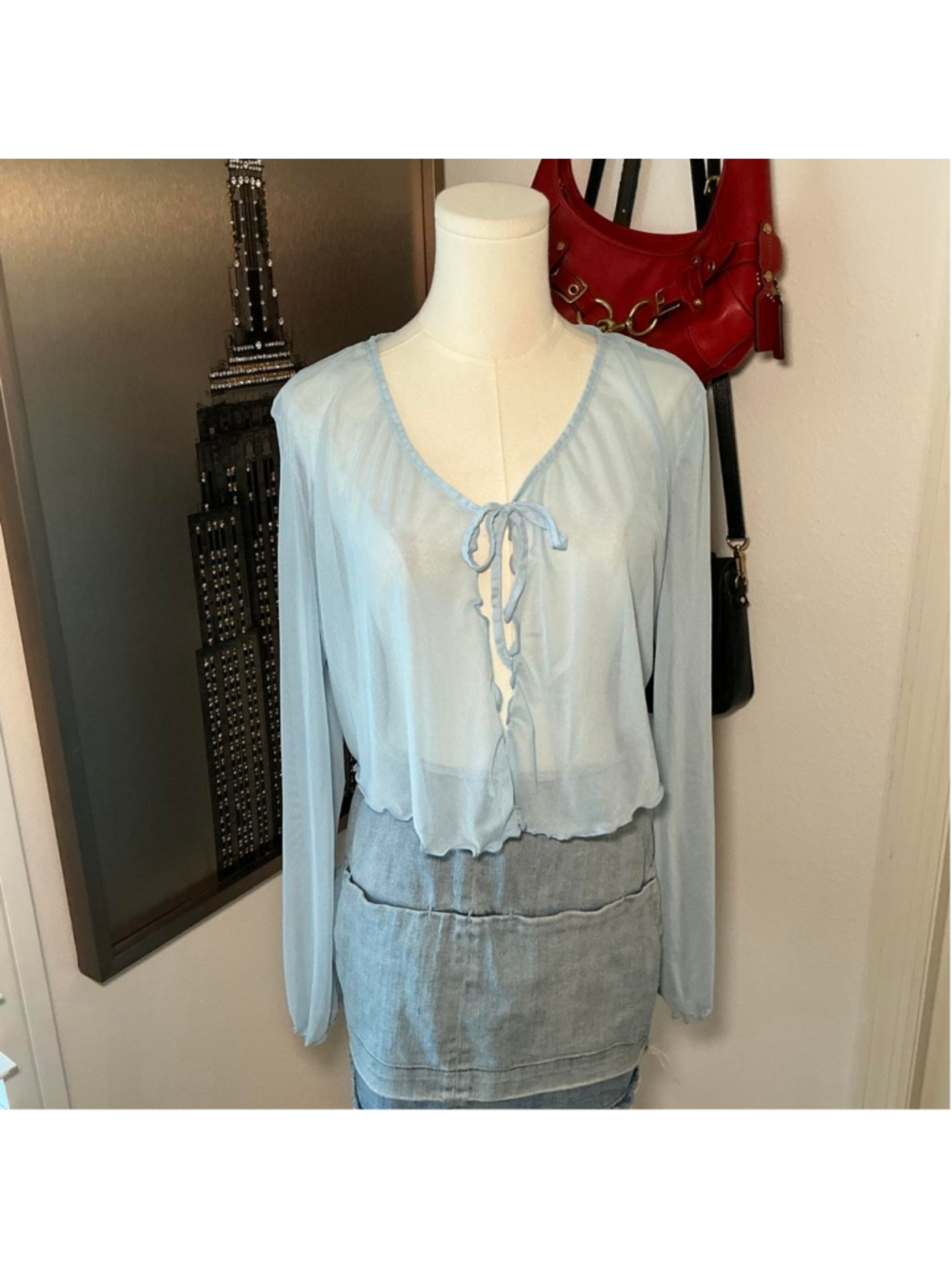 Avidlove Light Blue Sheer Mesh Tie Front Crop Top 2XL Y2K